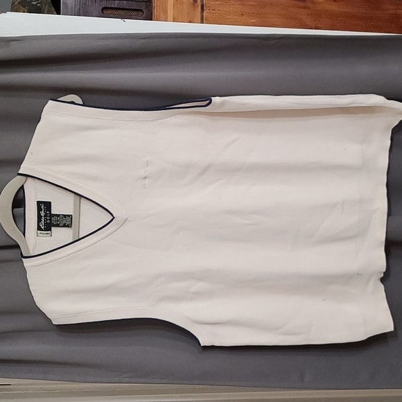 Eddie Bauer Golf Mens Sweater Vest Cream W/Navy Trim V-neck EB-Tek Sz EUC XL - Picture 1 of 8